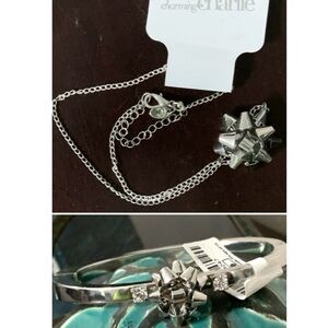 Charming Charlie Silver Christmas Bow Necklace & Matching Bangle Bracelet Set